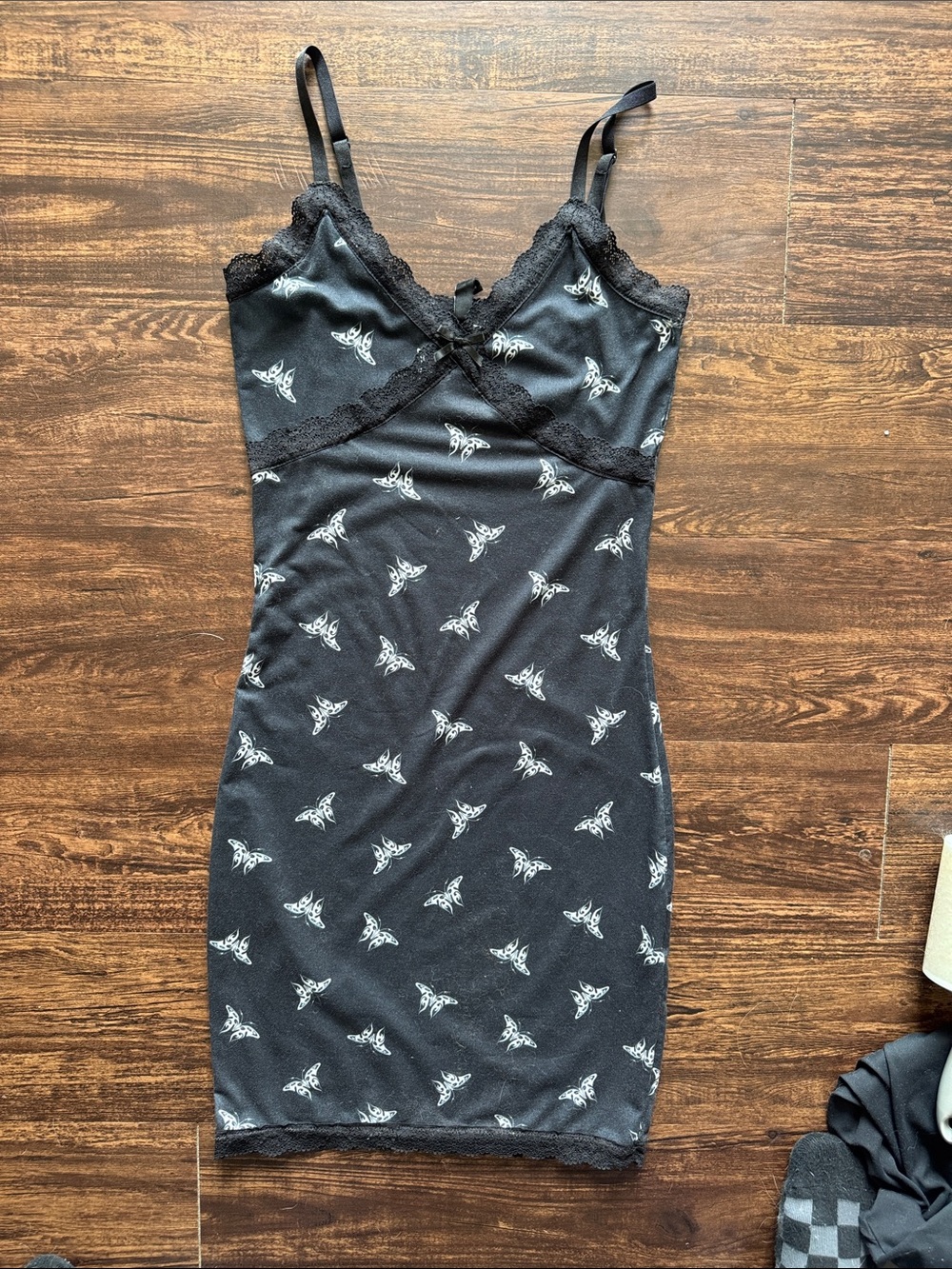 Divided Black Lace-Trim Slip with White Butterfly Print